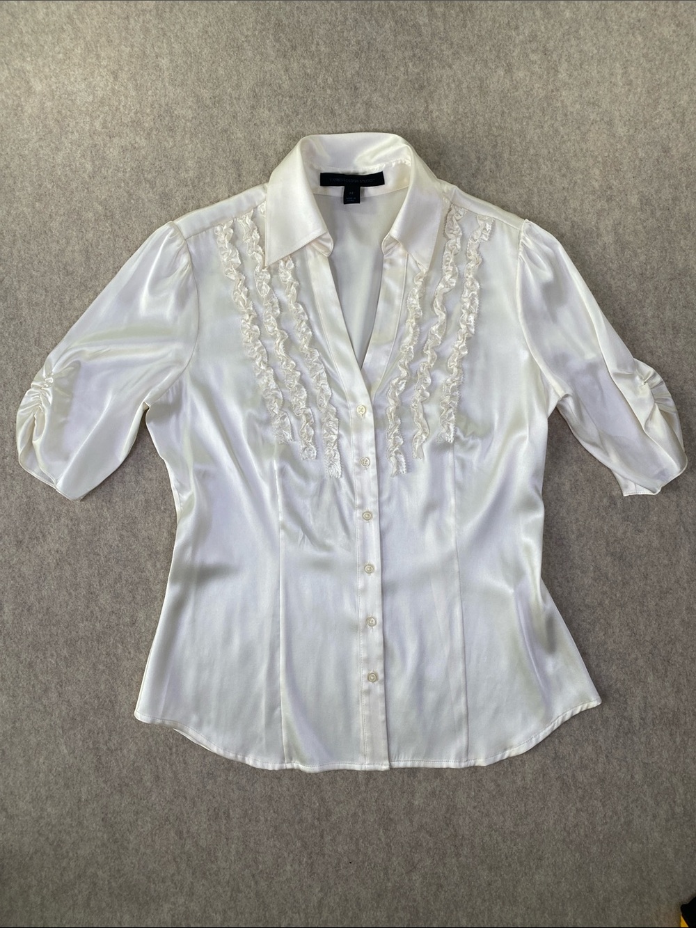 Express Ivory Silk Ruffle-Trim Button Down Shirt